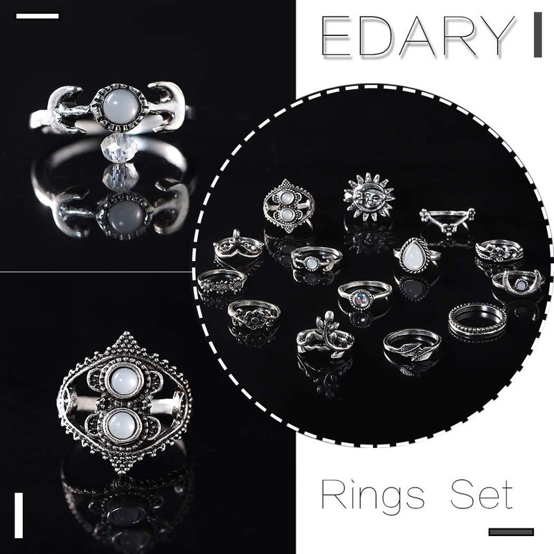 Edary Boho Sun Knuckle Rings Set Floral Carved Stackable Rings Crystal Rings Set Silver Moon Rings for Women(14PCS) - Image 5